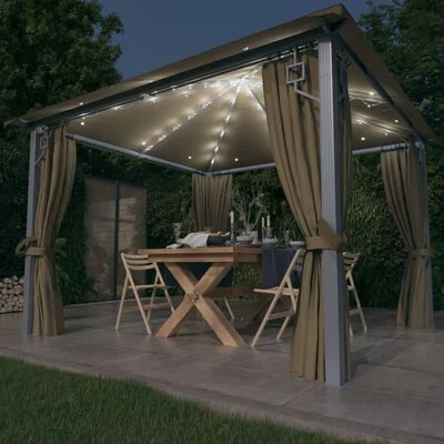 VidaXL Tonnelle avec rideau et lumières LED 3x3 m Taupe Aluminium – Image 2
