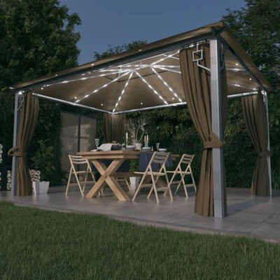 VidaXL Tonnelle avec rideau et lumières LED 4x3 m Taupe Aluminium – Image 2